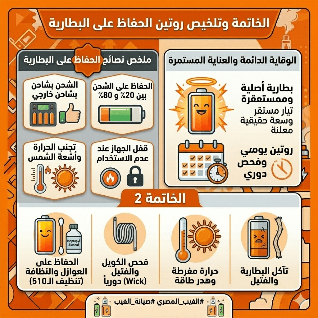 لماذا بطارية الفيب بتخلص بسرعة؟ نصائح ذهبية لإطالة عمرها | فيب مصر - Elkot Store الخاتمة وتلخيص روتين الحفاظ على البطارية