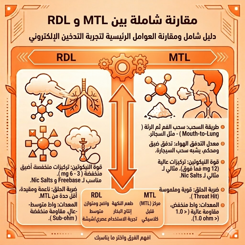 الفرق بين Mtl و Rdl | سحبة السيجارة (Mtl) ولاسحبة الشيشة (Dl): أيهما الأنسب لك؟ | فيب مصر - Elkot Store مقارنة شاملة بين Mtl و Rdl