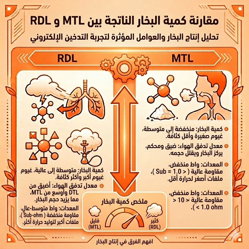 الفرق بين Mtl و Rdl | سحبة السيجارة (Mtl) ولاسحبة الشيشة (Dl): أيهما الأنسب لك؟ | فيب مصر - Elkot Store كمية البخار الناتجة عن الMtl و Rdl