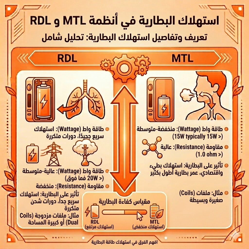 الفرق بين Mtl و Rdl | سحبة السيجارة (Mtl) ولاسحبة الشيشة (Dl): أيهما الأنسب لك؟ | فيب مصر - Elkot Store استهلاك البطارية في كل نظام