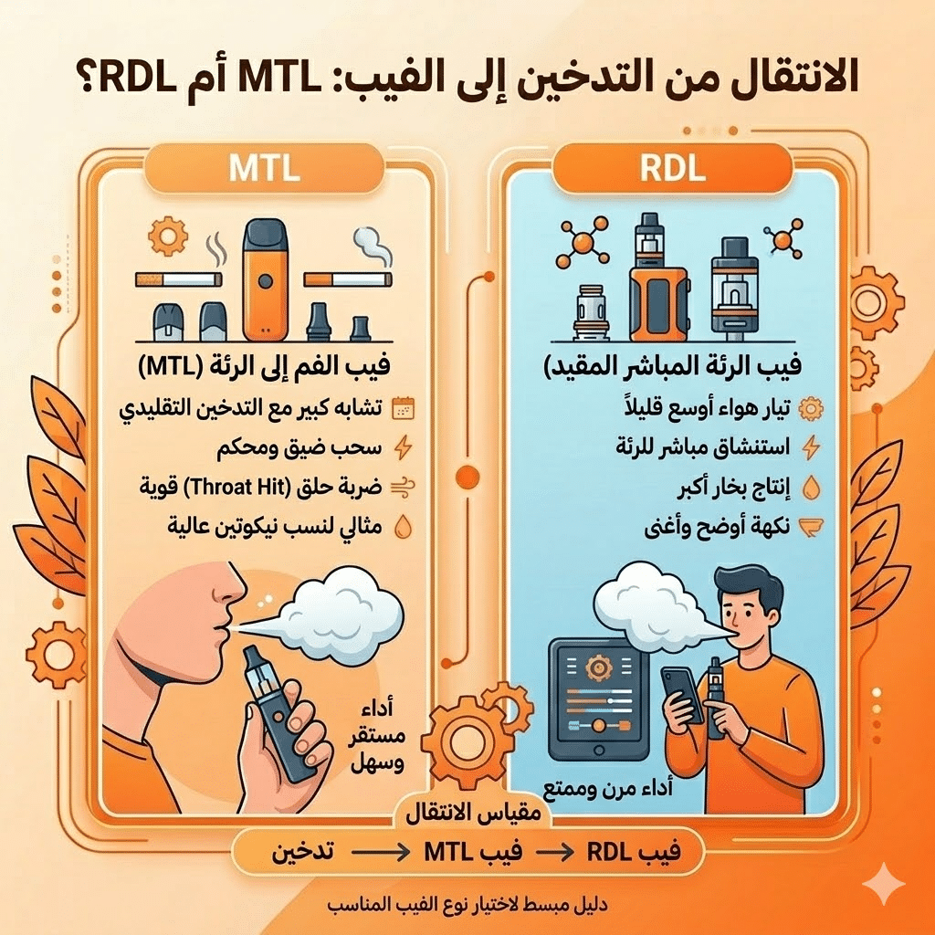 الفرق بين Mtl و Rdl | سحبة السيجارة (Mtl) ولاسحبة الشيشة (Dl): أيهما الأنسب لك؟ | فيب مصر - Elkot Store الانتقال من التدخين إلى الفيب: Mtl أم Rdl؟