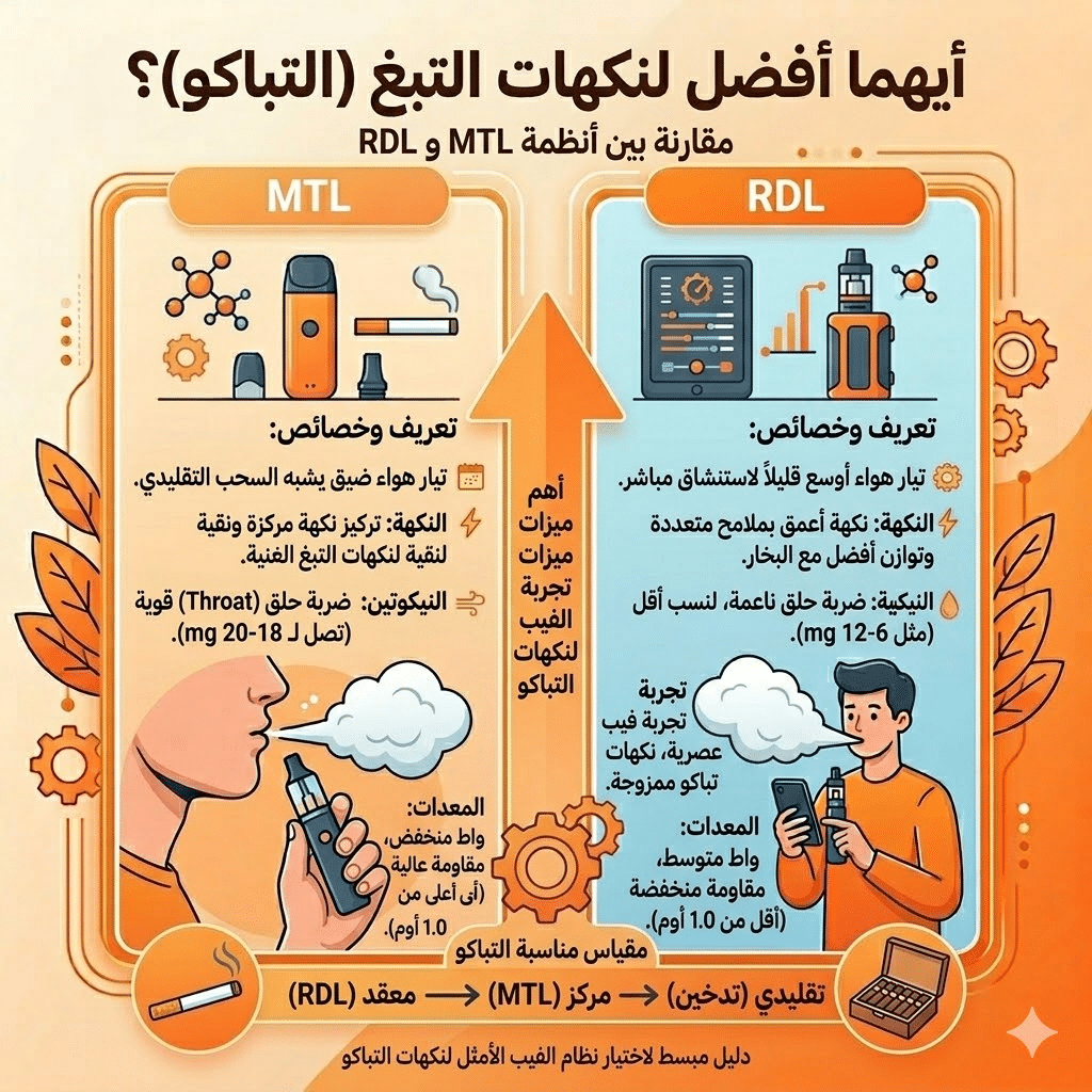الفرق بين Mtl و Rdl | سحبة السيجارة (Mtl) ولاسحبة الشيشة (Dl): أيهما الأنسب لك؟ | فيب مصر - Elkot Store أيهما أفضل لنكهات التبغ (التباكو)؟