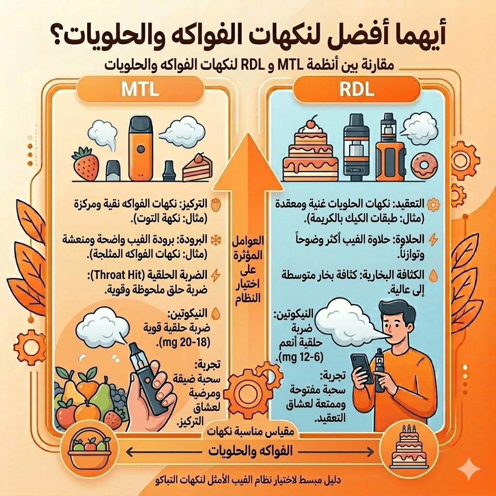 الفرق بين Mtl و Rdl | سحبة السيجارة (Mtl) ولاسحبة الشيشة (Dl): أيهما الأنسب لك؟ | فيب مصر - Elkot Store أيهما أفضل لنكهات الفواكه والحلويات؟