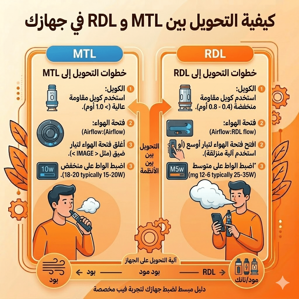 الفرق بين Mtl و Rdl | سحبة السيجارة (Mtl) ولاسحبة الشيشة (Dl): أيهما الأنسب لك؟ | فيب مصر - Elkot Store كيفية التحويل بين Mtl و Rdl في جهازك