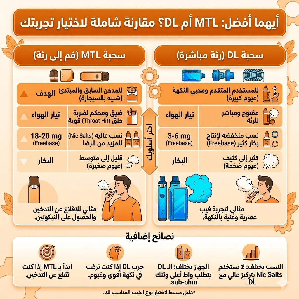 الفرق بين Mtl و Rdl | سحبة السيجارة (Mtl) ولاسحبة الشيشة (Dl): أيهما الأنسب لك؟ | فيب مصر - Elkot Store أيهما أفضل، Mtl أم Dl؟