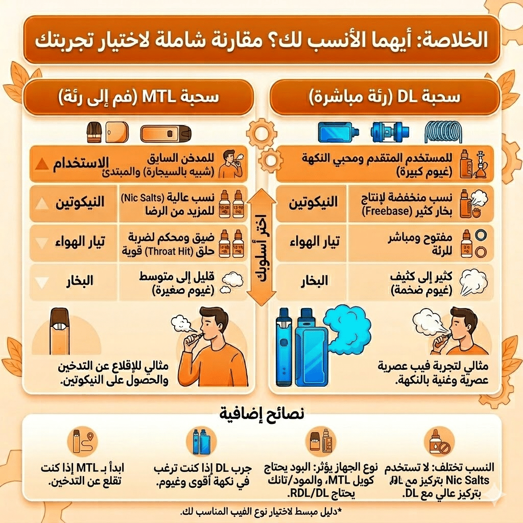 الفرق بين Mtl و Rdl | سحبة السيجارة (Mtl) ولاسحبة الشيشة (Dl): أيهما الأنسب لك؟ | فيب مصر - Elkot Store الخلاصة: أيهما الأنسب لك؟