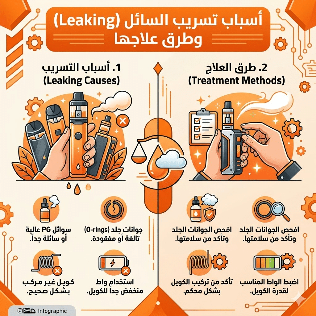 مصطلحات الفيب: قاموس شامل (Mod, Pod, Vg, Pg) لكل مبتدئ | فيب مصر - Elkot Store أسباب تسريب السائل (Leaking) وطرق علاجها