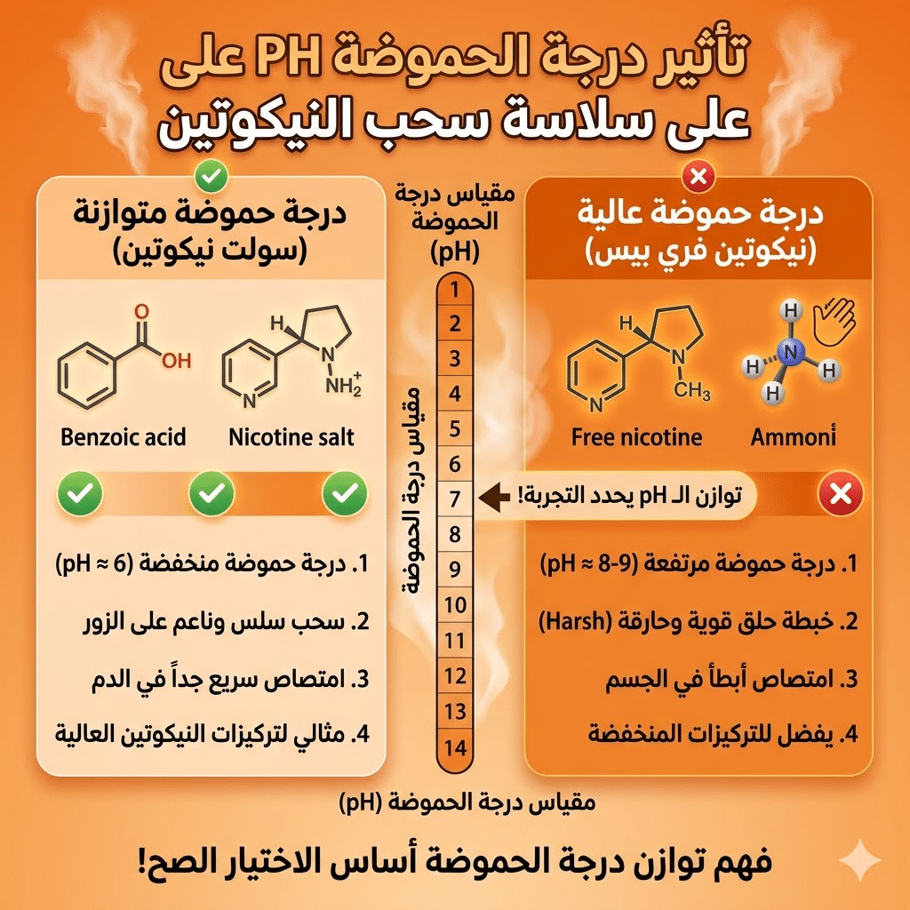 الفرق بين سولت نيكوتين والفري بيس : نكهات و اسعار السولت نيكوتين (Salt Nic) والفري بيس (Freebase)؟ | فيب مصر - Elkot Store تأثير درجة الحموضة Ph على سلاسة سحب النيكوتين