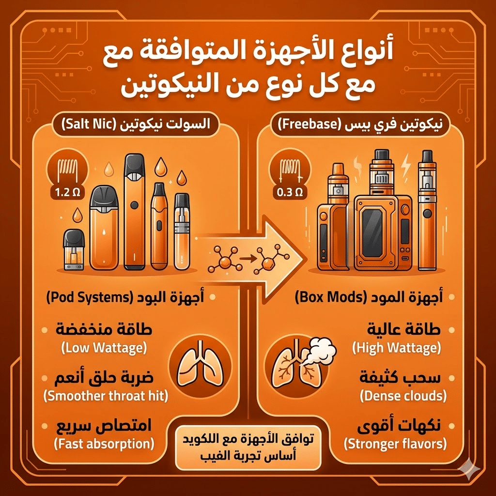 الفرق بين سولت نيكوتين والفري بيس : نكهات و اسعار السولت نيكوتين (Salt Nic) والفري بيس (Freebase)؟ | فيب مصر - Elkot Store أنواع الأجهزة المتوافقة مع كل نوع من النيكوتين