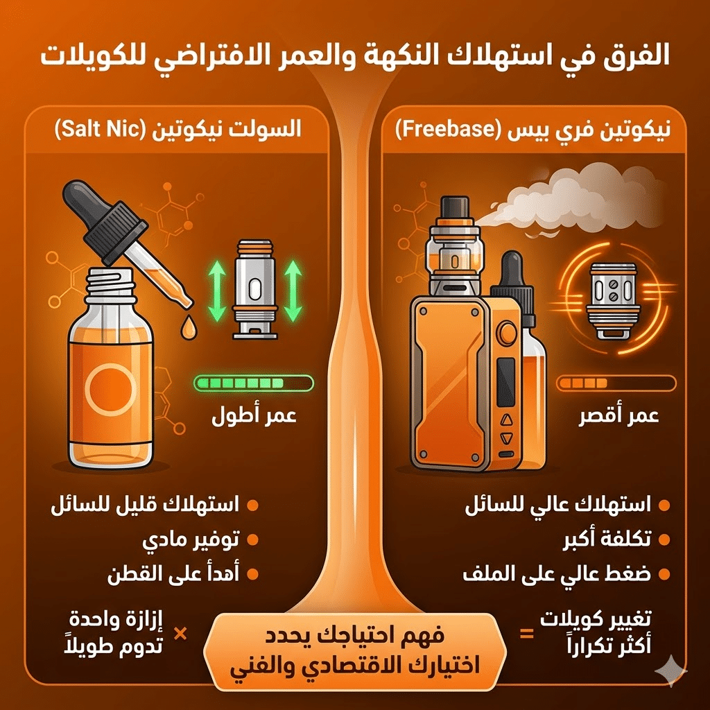 الفرق بين سولت نيكوتين والفري بيس : نكهات و اسعار السولت نيكوتين (Salt Nic) والفري بيس (Freebase)؟ | فيب مصر - Elkot Store الفرق في استهلاك النكهة والعمر الافتراضي للكويلات