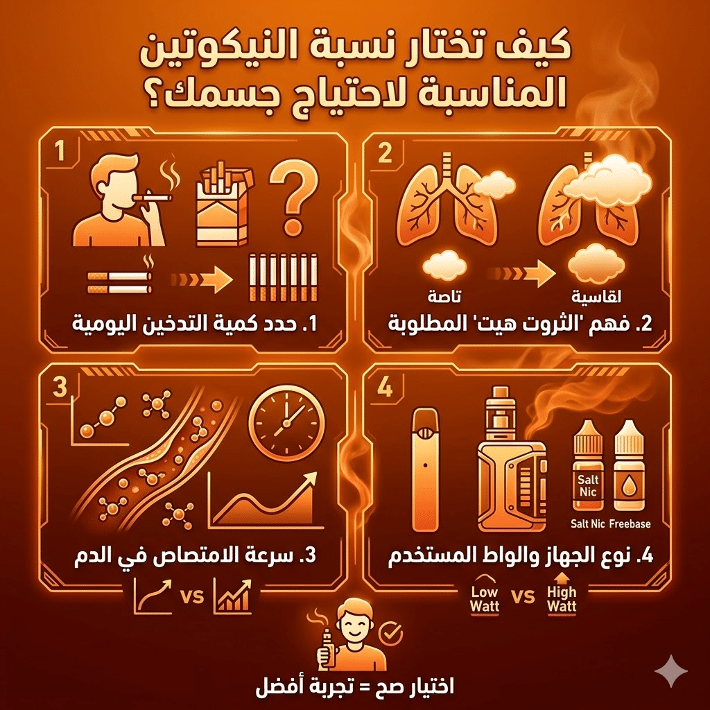 الفرق بين سولت نيكوتين والفري بيس : نكهات و اسعار السولت نيكوتين (Salt Nic) والفري بيس (Freebase)؟ | فيب مصر - Elkot Store كيف تختار نسبة النيكوتين المناسبة لاحتياج جسمك؟