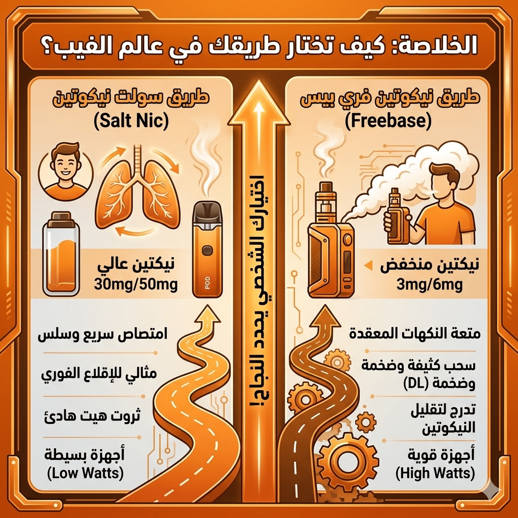 الفرق بين سولت نيكوتين والفري بيس : نكهات و اسعار السولت نيكوتين (Salt Nic) والفري بيس (Freebase)؟ | فيب مصر - Elkot Store الخلاصة: كيف تختار طريقك في عالم الفيب؟