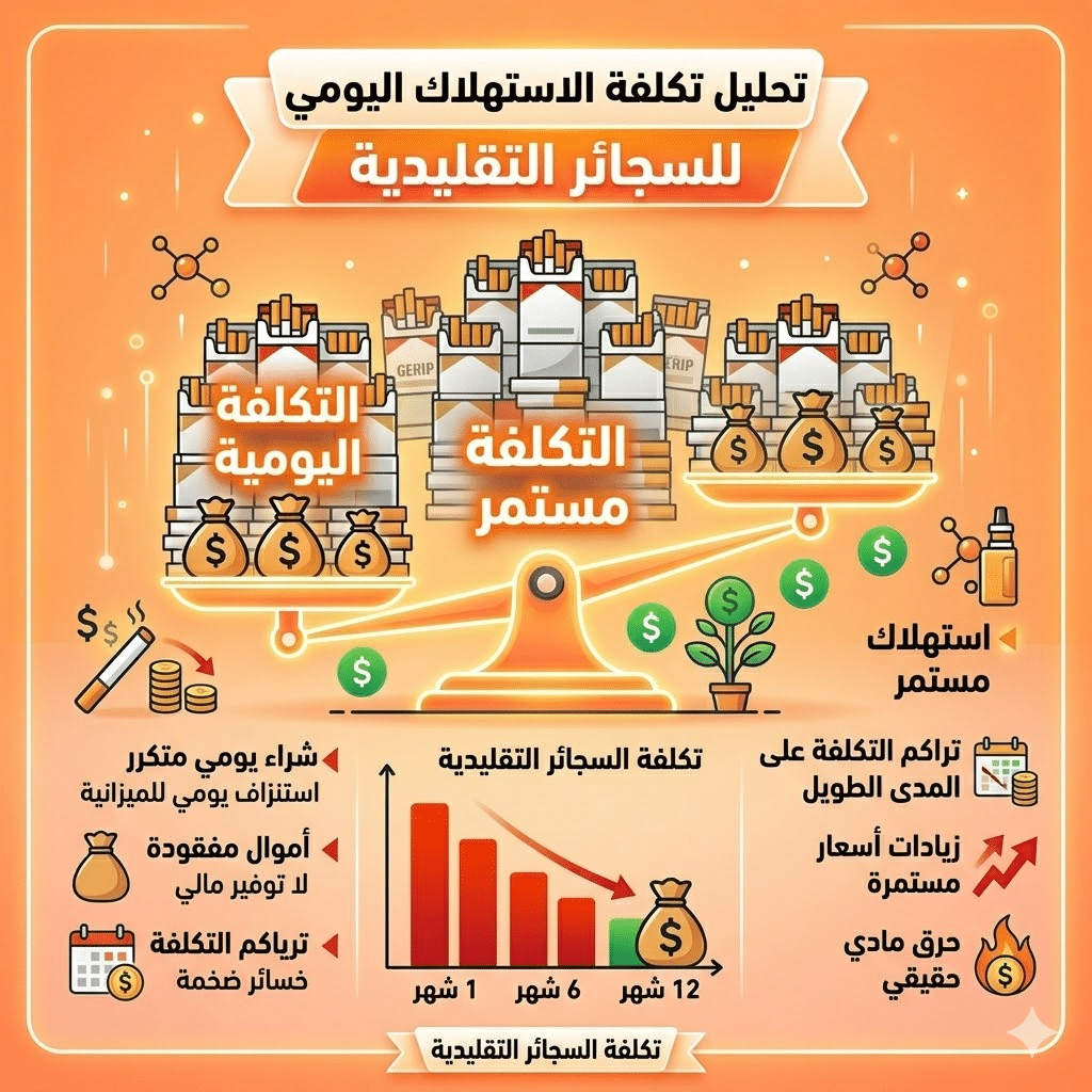 أضرار الفيب مقارنة بالسجائر | الفيب مقابل التدخين التقليدي: مقارنة شاملة للتكلفة والأضرار (بحذر طبي) | فيب مصر - Elkot Store تكلفة الاستهلاك اليومي للسجائر التقليدية