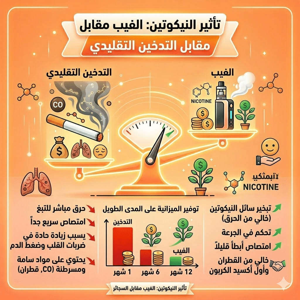 أضرار الفيب مقارنة بالسجائر | الفيب مقابل التدخين التقليدي: مقارنة شاملة للتكلفة والأضرار (بحذر طبي) | فيب مصر - Elkot Store تأثير النيكوتين في الفيب مقابل التدخين التقليدي