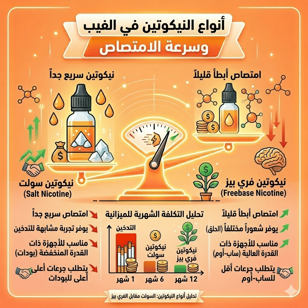 أضرار الفيب مقارنة بالسجائر | الفيب مقابل التدخين التقليدي: مقارنة شاملة للتكلفة والأضرار (بحذر طبي) | فيب مصر - Elkot Store أنواع النيكوتين في الفيب وسرعة الامتصاص