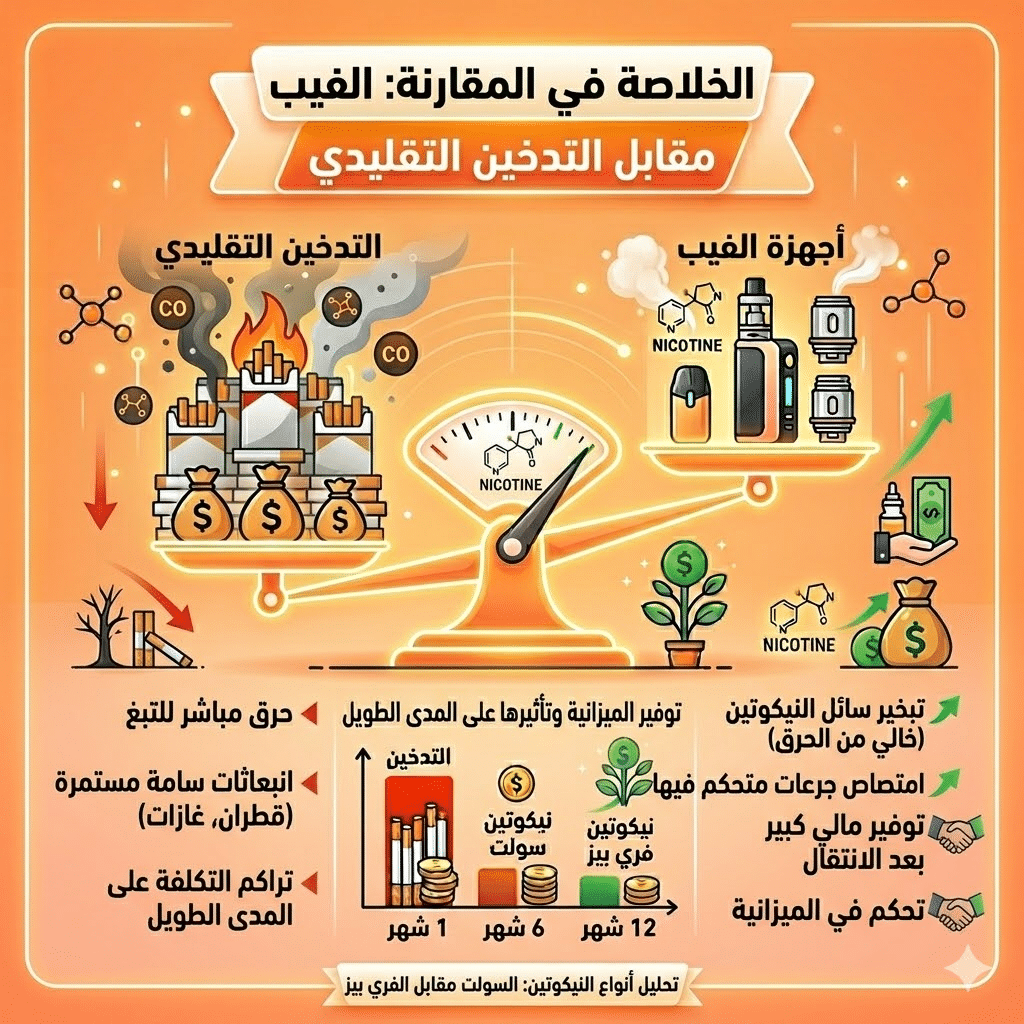 أضرار الفيب مقارنة بالسجائر | الفيب مقابل التدخين التقليدي: مقارنة شاملة للتكلفة والأضرار (بحذر طبي) | فيب مصر - Elkot Store الخلاصة في المقارنة بين الفيب والتدخين