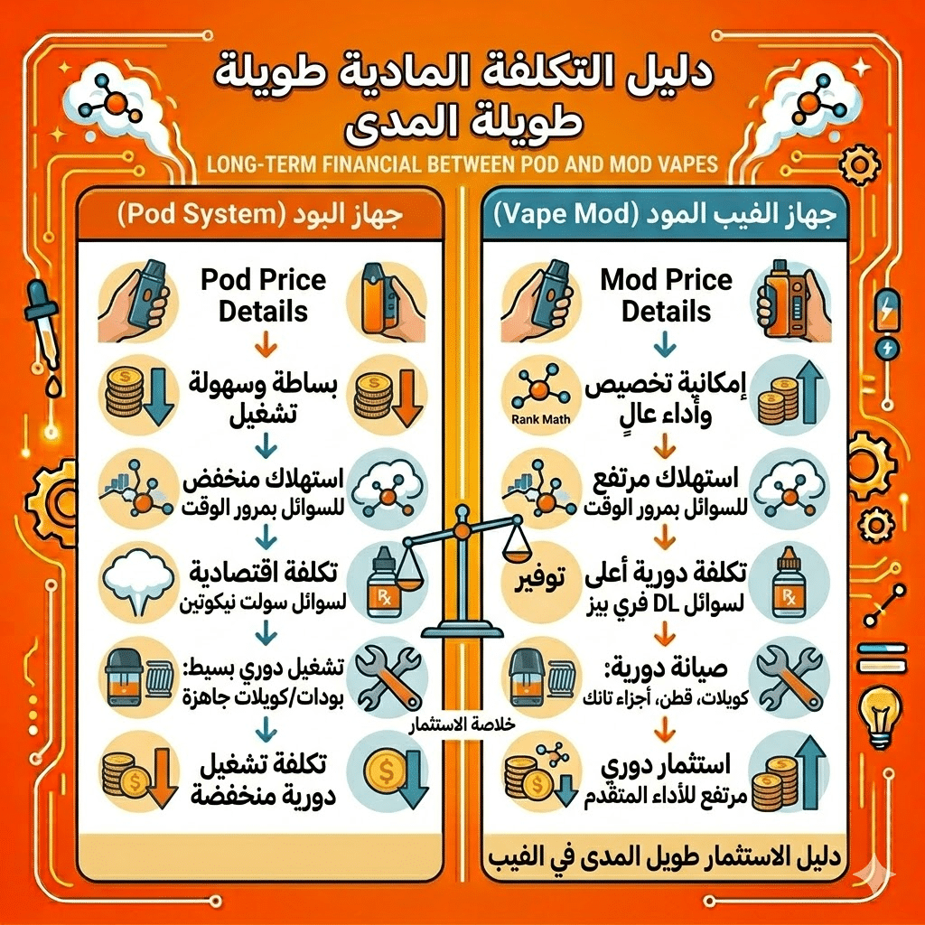 الفرق بين البود والفيب المود : أيهما تشتري؟ | Mod Vs Pod | فيب مصر - Elkot Store التكلفة المادية على المدى البعيد بين البود و الفيب المود