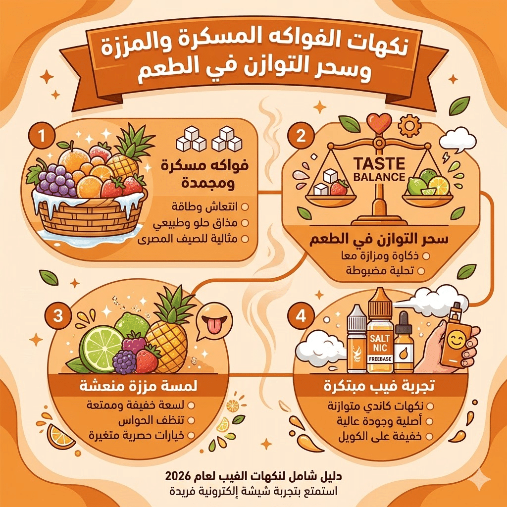 أفضل نكهات الفيب (الليكويد) الأكثر مبيعاً وتقييماً هذا العام | فيب مصر - Elkot Store نكهات الفواكه المسكرة والمززة وسحر التوازن في الطعم