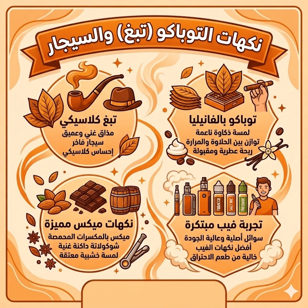 أفضل نكهات الفيب (الليكويد) الأكثر مبيعاً وتقييماً هذا العام | فيب مصر - Elkot Store نكهات التوباكو (تبغ) والسيجار