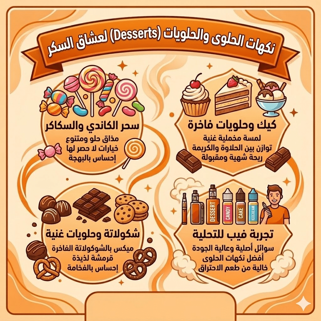 أفضل نكهات الفيب (الليكويد) الأكثر مبيعاً وتقييماً هذا العام | فيب مصر - Elkot Store نكهات الحلوى والحلويات (Desserts) لعشاق السكر