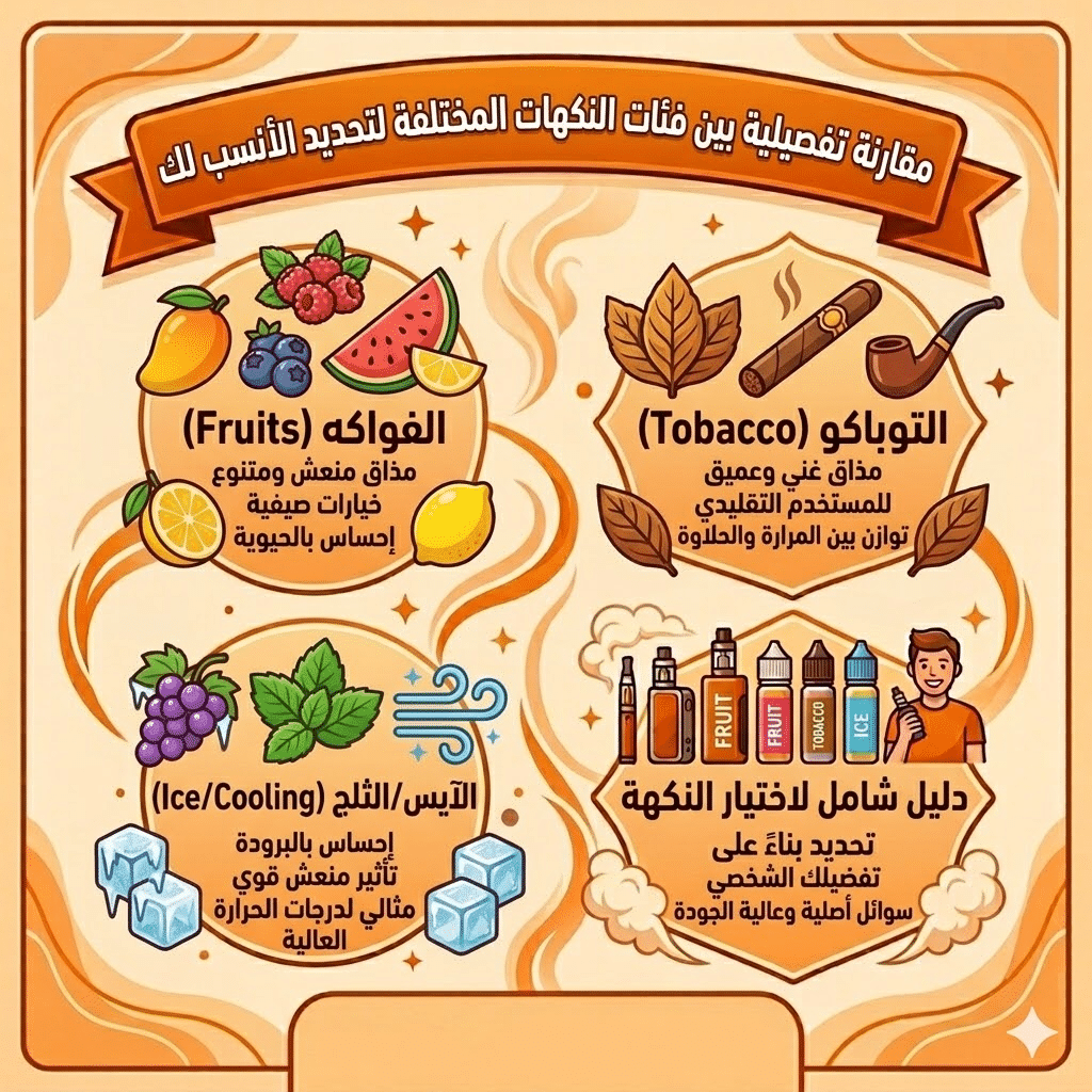 أفضل نكهات الفيب (الليكويد) الأكثر مبيعاً وتقييماً هذا العام | فيب مصر - Elkot Store مقارنة تفصيلية بين فئات النكهات المختلفة لتحديد الأنسب لك