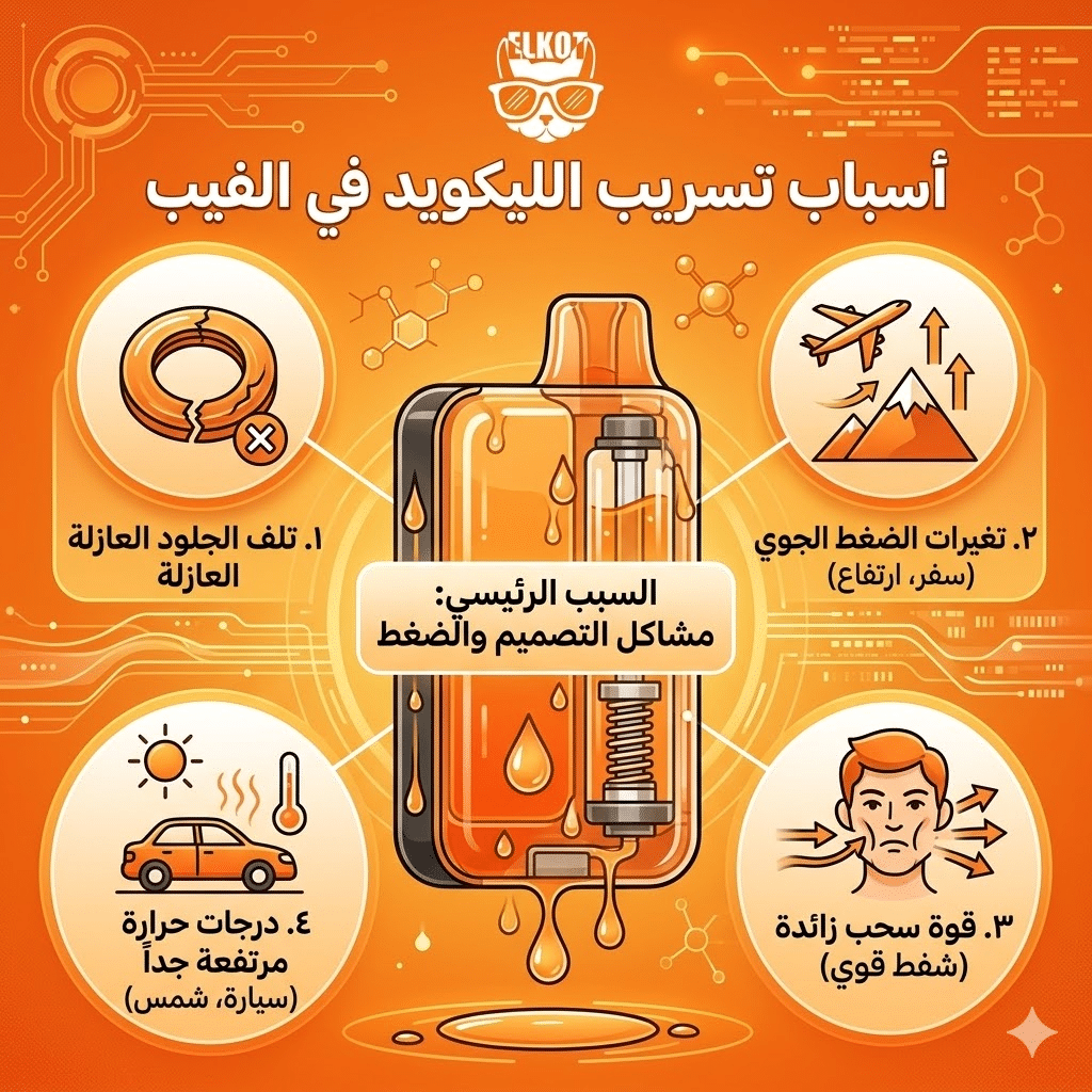 أسباب تسريب الليكويد في الفيب و الحلول : لماذا يسرب الفيب الديسبوزابل السائل في الفم؟ | فيب مصر - Elkot Store أسباب تسريب الليكويد في الفيب