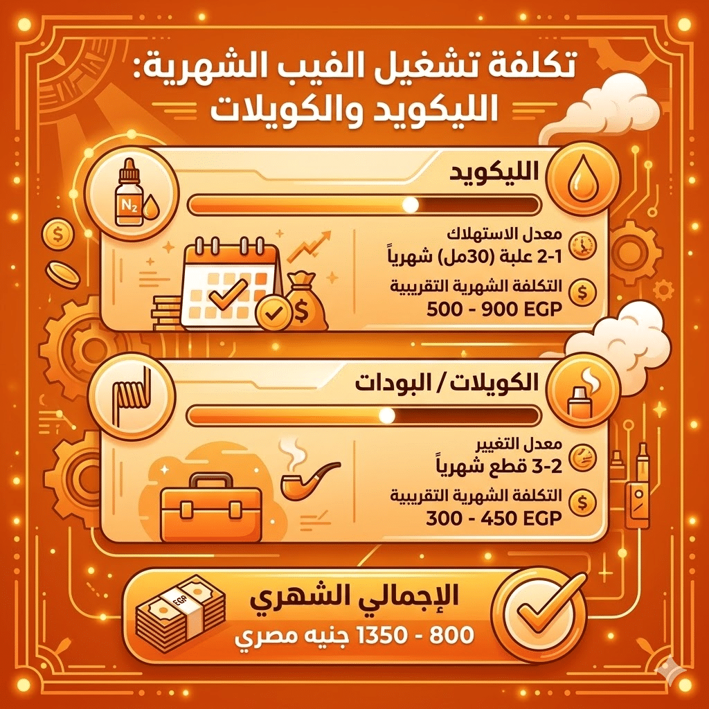 دليل أسعار الفيب في مصر وتكلفة التشغيل الشهرية التقريبية | فيب مصر - Elkot Store تكلفة تشغيل الفيب الشهرية: الليكويد والكويلات