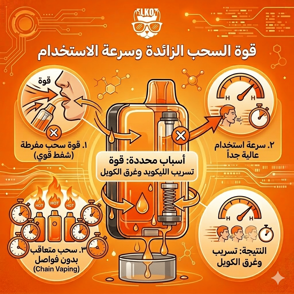 أسباب تسريب الليكويد في الفيب و الحلول : لماذا يسرب الفيب الديسبوزابل السائل في الفم؟ | فيب مصر - Elkot Store قوة السحب الزائدة وسرعة الاستخدام