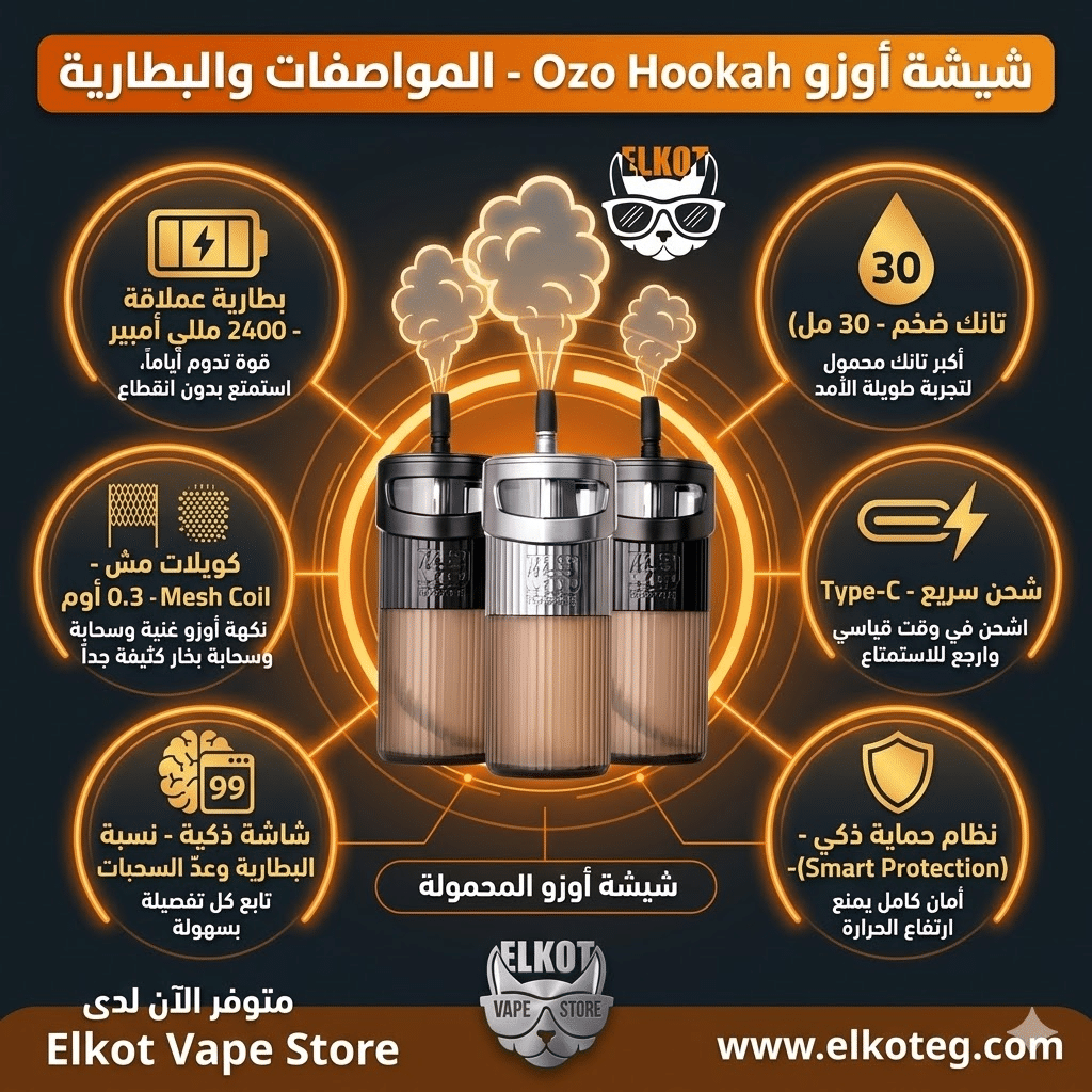 شيشة أوزو : اقوى شيشة 2026 | Ozo Hookah Best Shisha 2026 | فيب مصر - Elkot Store مواصفات شيشة أوزو والبطارية