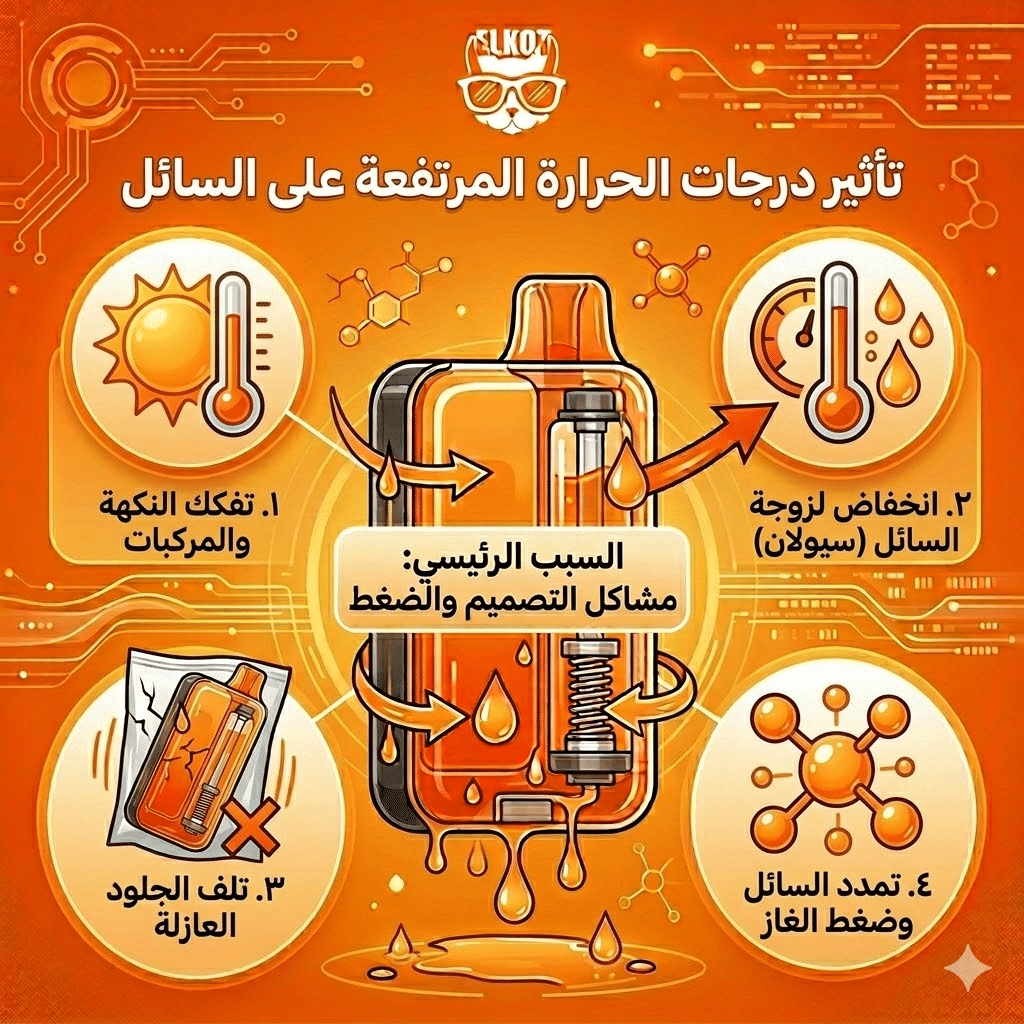 أسباب تسريب الليكويد في الفيب و الحلول : لماذا يسرب الفيب الديسبوزابل السائل في الفم؟ | فيب مصر - Elkot Store تأثير درجات الحرارة المرتفعة على السائل