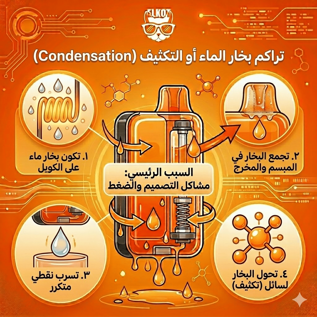 أسباب تسريب الليكويد في الفيب و الحلول : لماذا يسرب الفيب الديسبوزابل السائل في الفم؟ | فيب مصر - Elkot Store تراكم بخار الماء أو التكثيف (Condensation)