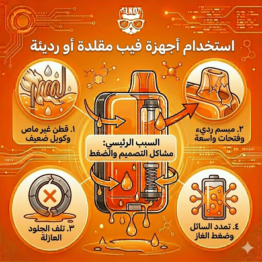 أسباب تسريب الليكويد في الفيب و الحلول : لماذا يسرب الفيب الديسبوزابل السائل في الفم؟ | فيب مصر - Elkot Store استخدام أجهزة فيب مقلدة أو رديئة