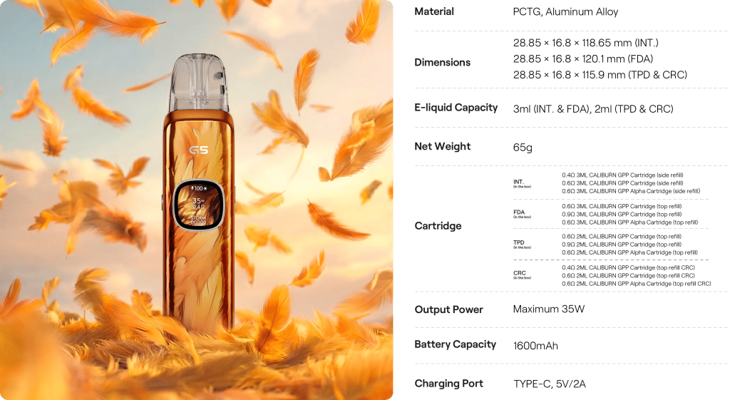 مواصفات كاليبرن G5 : مراجعة شاملة لجهاز Caliburn G5 بود 2026 | فيب مصر - Elkot Store ما هي مواصفات جهاز كاليبرن جي 5 بود؟