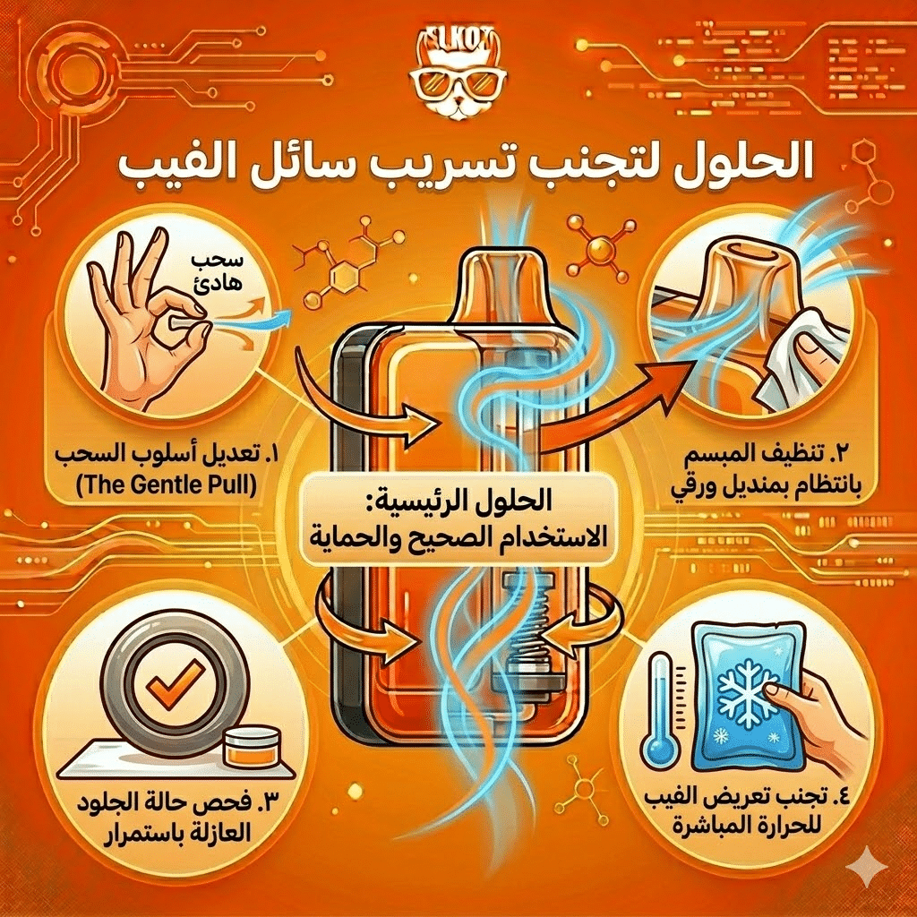 أسباب تسريب الليكويد في الفيب و الحلول : لماذا يسرب الفيب الديسبوزابل السائل في الفم؟ | فيب مصر - Elkot Store الحلول لتجنب تسريب سائل الفيب