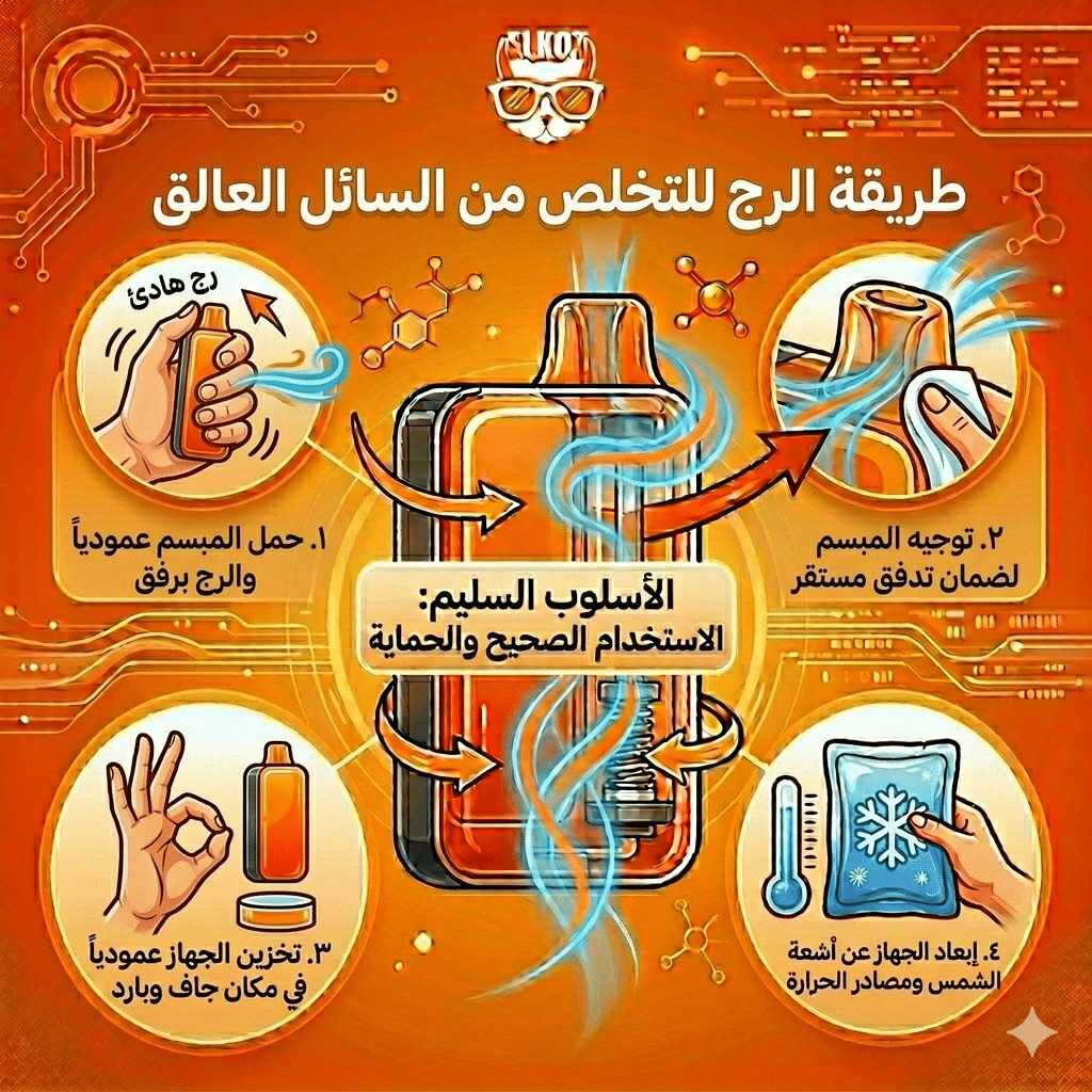 أسباب تسريب الليكويد في الفيب و الحلول : لماذا يسرب الفيب الديسبوزابل السائل في الفم؟ | فيب مصر - Elkot Store استخدام طريقة الرج للتخلص من السائل العالق