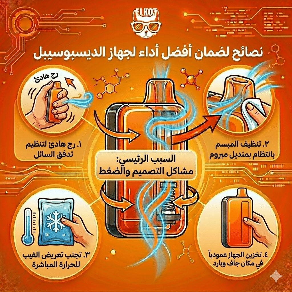 أسباب تسريب الليكويد في الفيب و الحلول : لماذا يسرب الفيب الديسبوزابل السائل في الفم؟ | فيب مصر - Elkot Store نصائح لضمان أفضل أداء لجهاز الديسبوسيبل