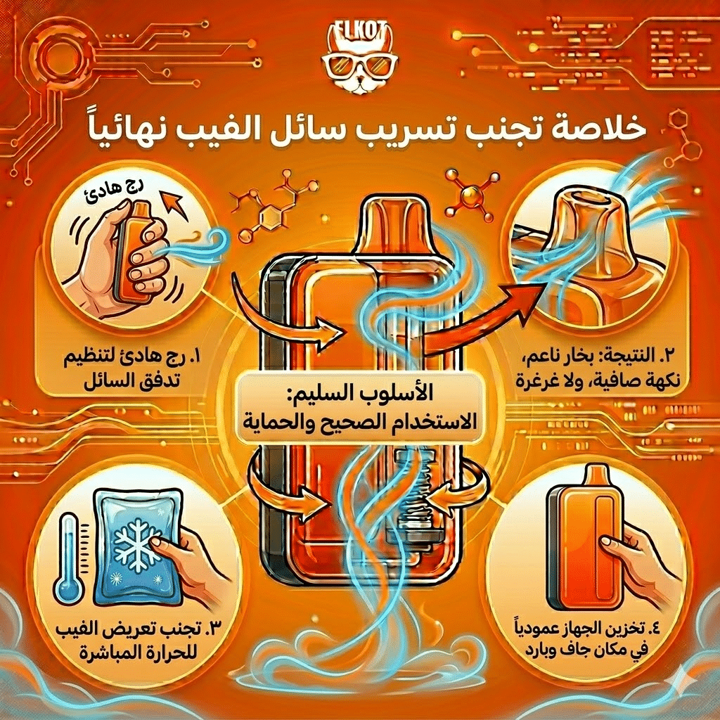 أسباب تسريب الليكويد في الفيب و الحلول : لماذا يسرب الفيب الديسبوزابل السائل في الفم؟ | فيب مصر - Elkot Store الخلاصة في تجنب تسريب سائل الفيب نهائياً