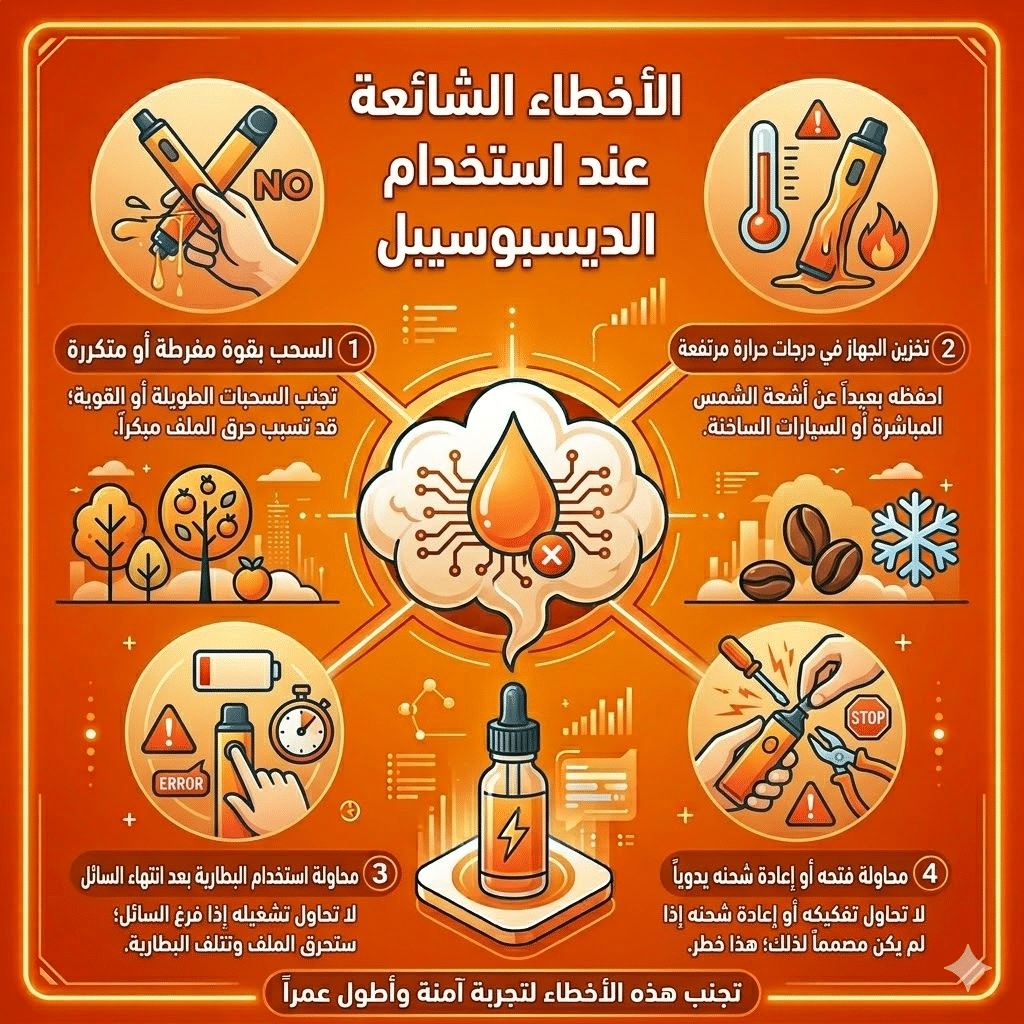 كم يوم تدوم الديسبوسيبل؟ دليلك لحساب عدد السحبات الحقيقية | فيب مصر - Elkot Store الأخطاء الشائعة عند استخدام الديسبوسيبل