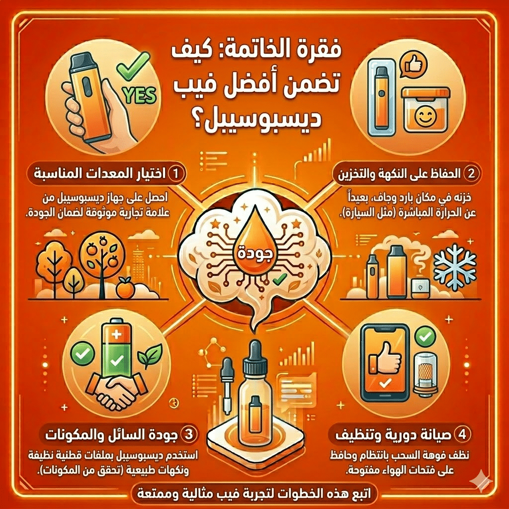 كم يوم تدوم الديسبوسيبل؟ دليلك لحساب عدد السحبات الحقيقية | فيب مصر - Elkot Store الخاتمة: كيف تضمن أفضل تجربة فيب ديسبوسيبل؟