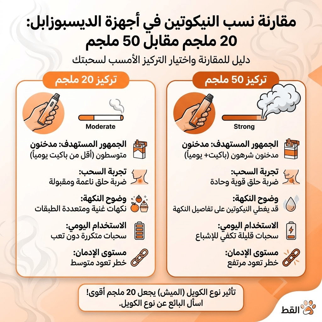 كم نيكوتين في الفيب الديسبوسيبل؟ دليلك لاختيار نسبة النيكوتين المناسبة في الديسبوزابل (20Mg مقابل 50Mg) | فيب مصر - Elkot Store الفرق بين نسبة 20Mg ونسبة 50Mg في أجهزة الديسبوزابل