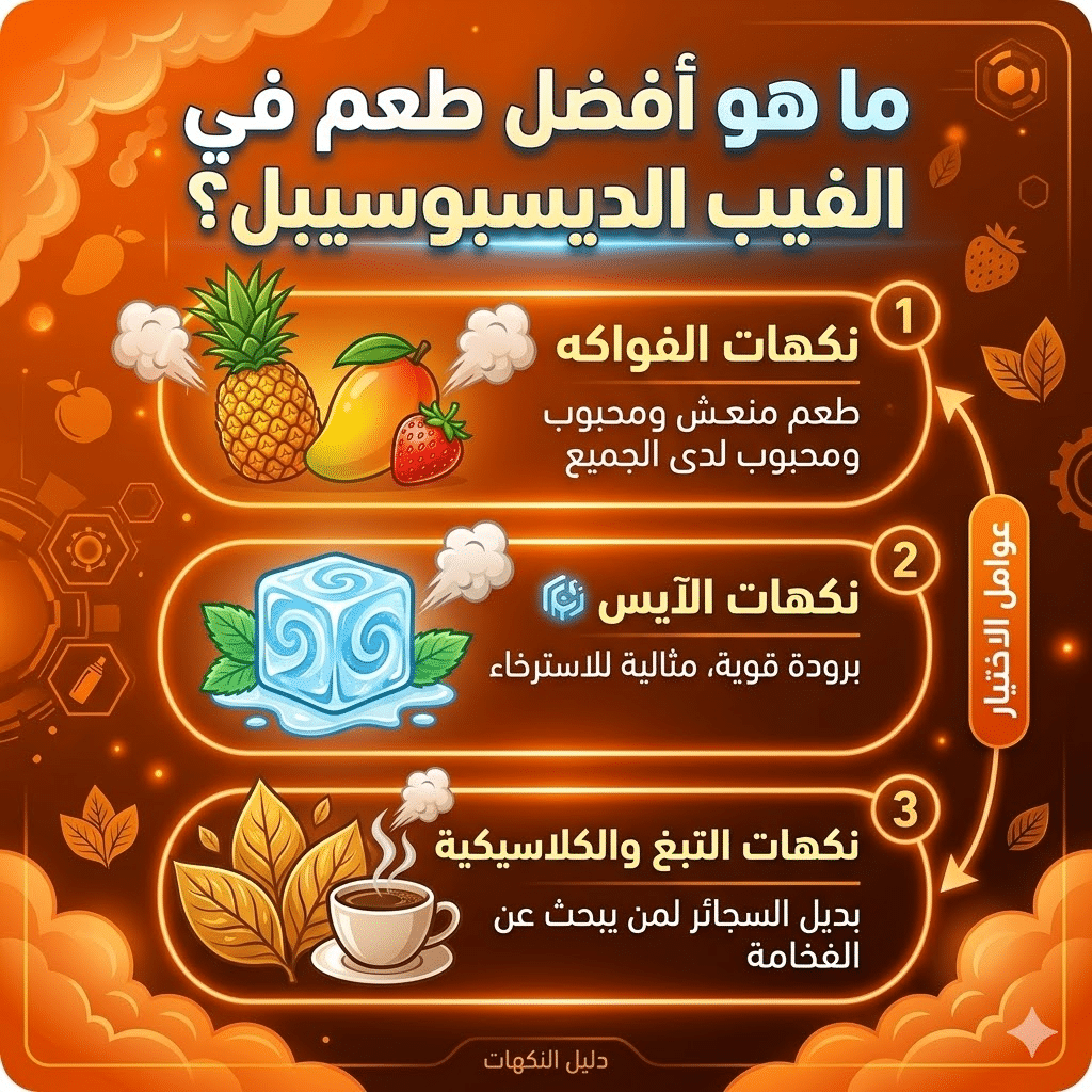 ما هو أفضل طعم ديسبوسيبل : أفضل نكهات الديسبوزابل (الفواكه، الآيس، التبغ) التي يجب أن تجربها | فيب مصر - Elkot Store ما هو أفضل طعم في الفيب الديسبوسيبل؟
