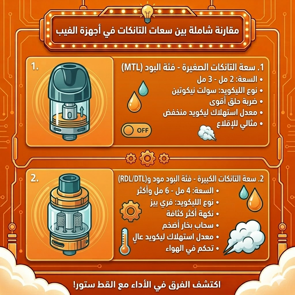 أنواع الفيب : الفرق بين البود سيستم (Pod System) والبود مود (Pod Mod) | فيب مصر - Elkot Store مقارنة شاملة بين سعات التانكات في أجهزة الفيب