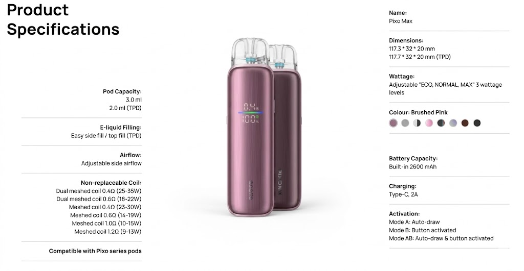 اسبير بيكسو ماكس : مراجعة مواصفات و سعر بود Aspire Pixo Max 2026 | فيب مصر - Elkot Store مقارنة مواصفات اسبير بيكسو ماكس
