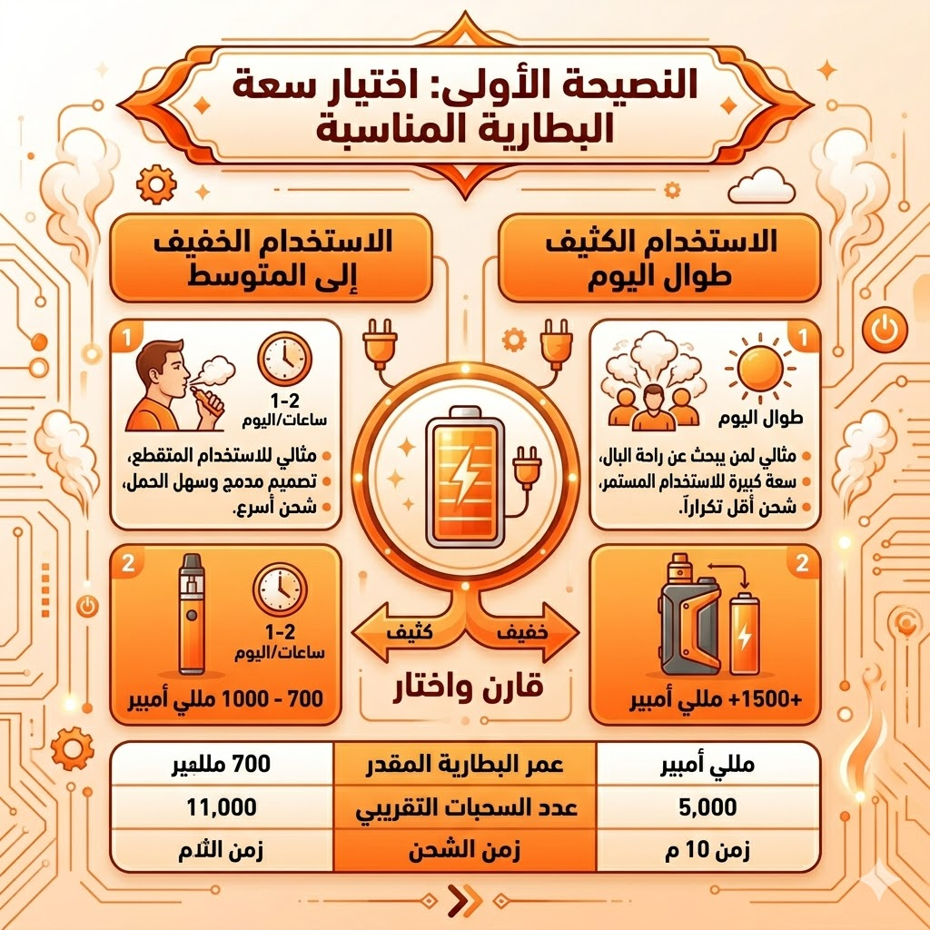 كيف تعرف انك تحتاج إلى تغيير البود | 5 نصائح لعمل Upgrade لجهاز بود جديد | فيب مصر - Elkot Store النصيحة الأولى: اختيار سعة البطارية المناسبة